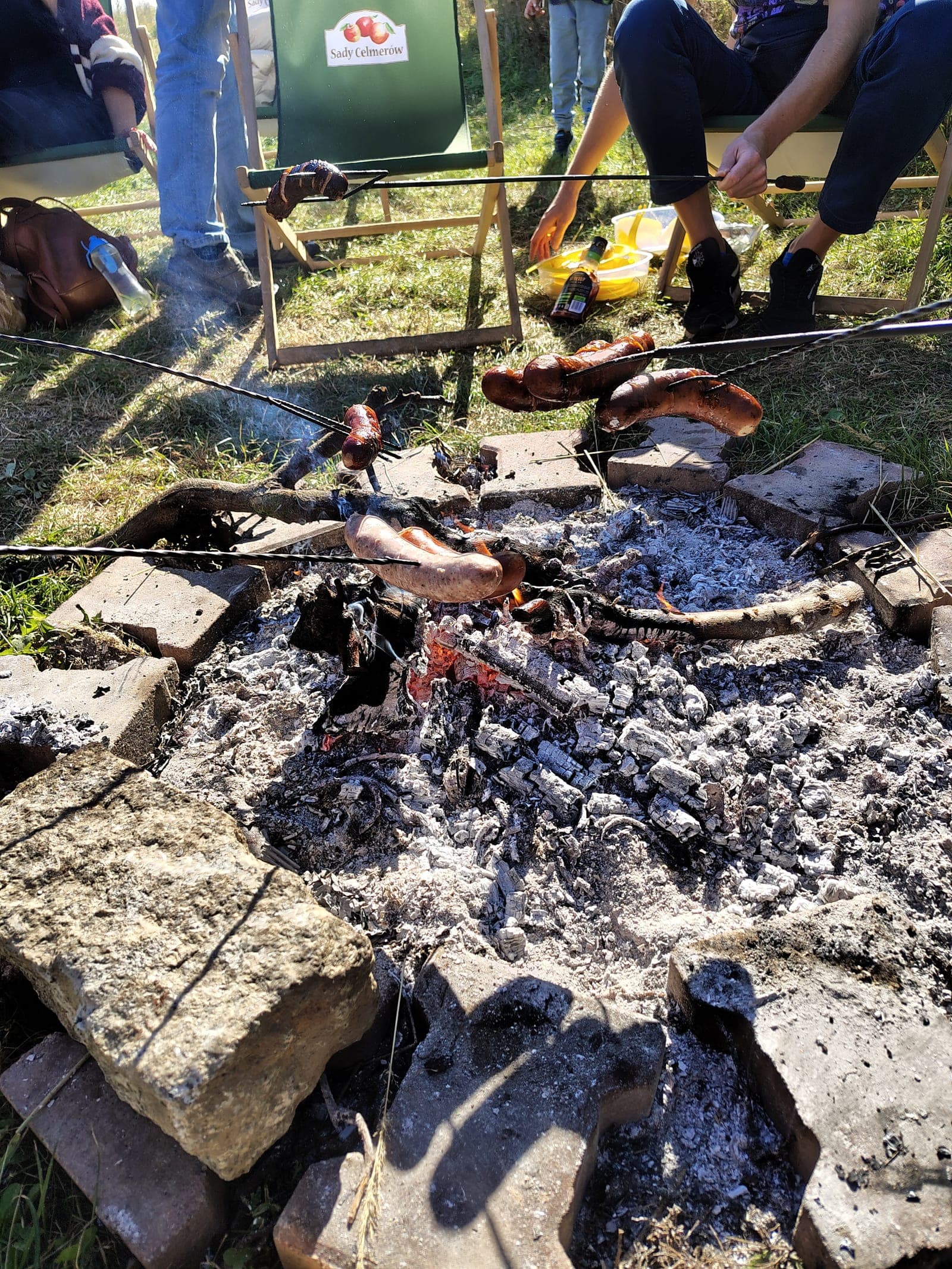 Pieczenie kiełbasek na ognisku podczas Jabłkobrania u Celmerów