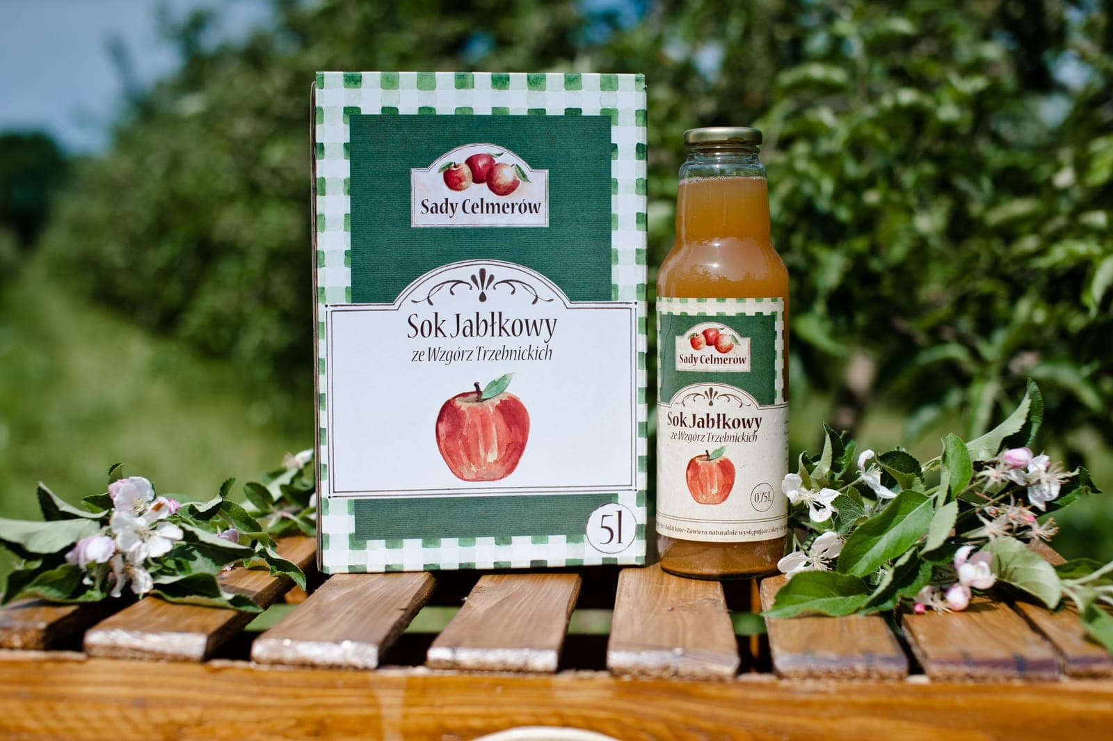 Sok jabłkowy Sady Celmerów — karton 5L i butelka wśród kwiatów jabłoni